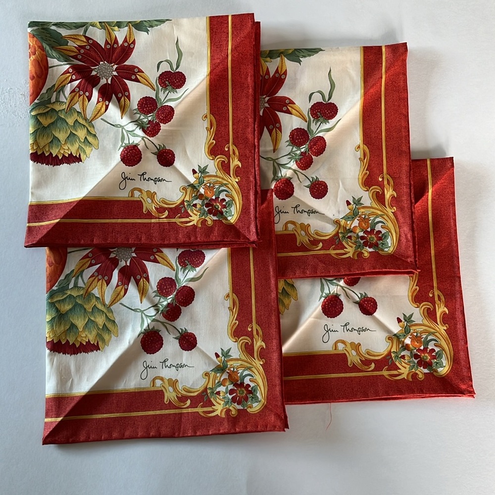 Jim Thompson Thai silk napkins floral fruit 15”x15” square new with tag/stickers